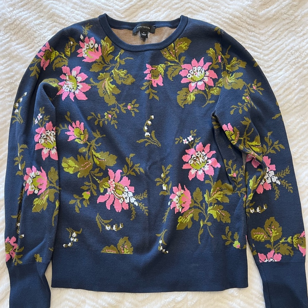 Ann Taylor Navy Crewneck Sweater with Pink Floral Pattern - Picture 2 of 8